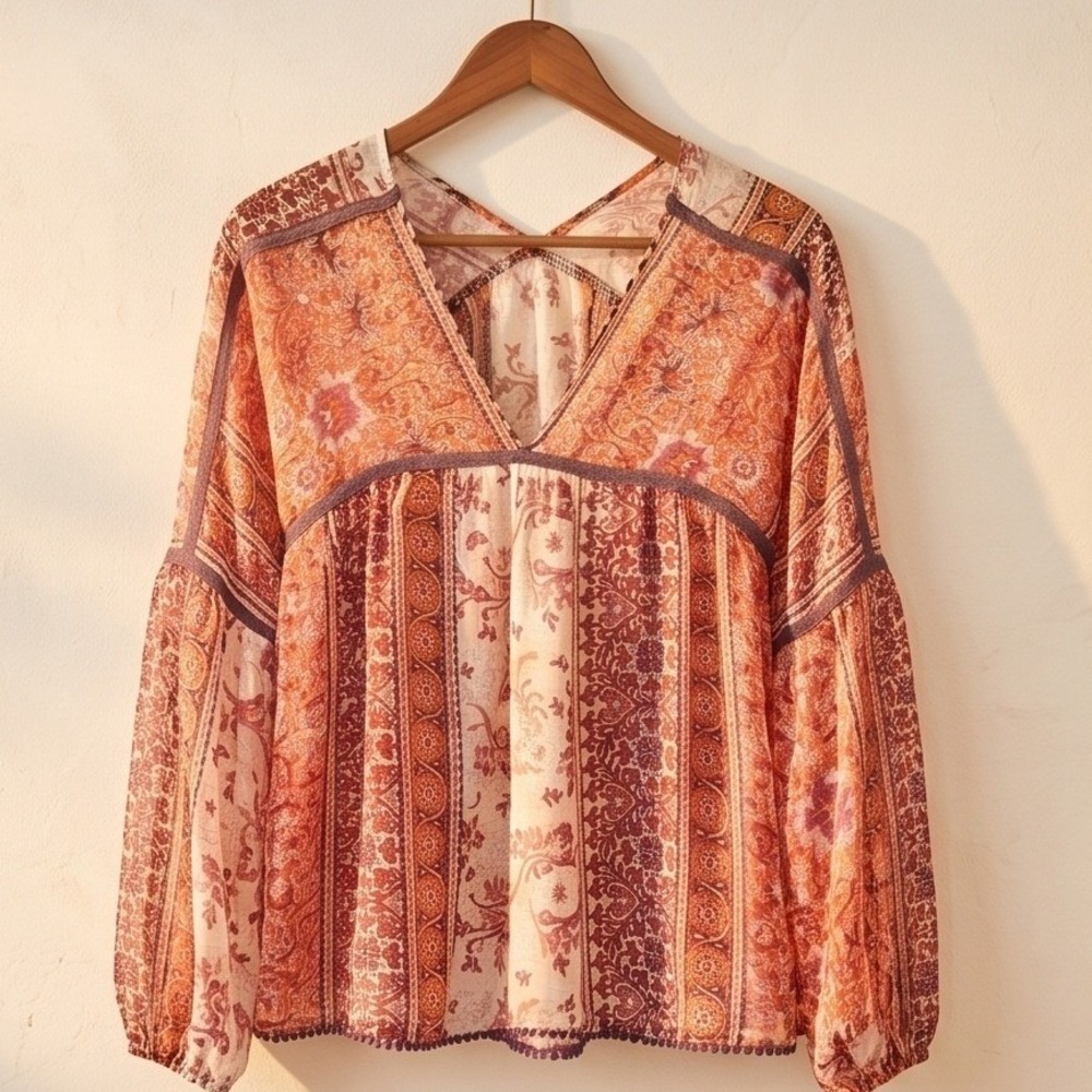 Maeve Anthropologie S Silk Paisley Metallic Stripe Blouse‎ Orange Purple Small